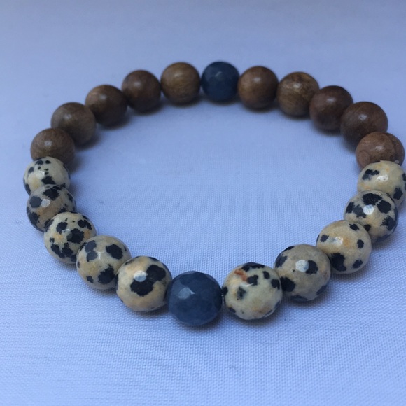 Dalmatian Jasper, Jade & Wood Handmade Bracelet - Picture 6 of 8